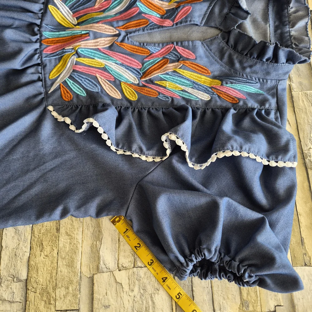 Fashion Blouse Size XL Denim Embroidered Boho Peasant Puff Sleeves Cottagecore - Picture 5 of 9